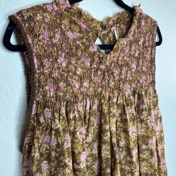 Free People Women's Shea Printed Mini Dress Floral Smocked Brown Pink Medium - Picture 6 of 9